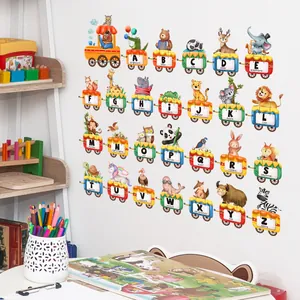 Cartoon animal alphabet train wall stickers with 26 letters for nursery educational decor