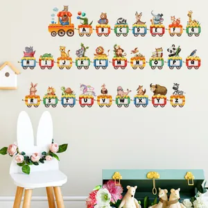 Close-up of alphabet animal train wall stickers for nursery educational wall decor