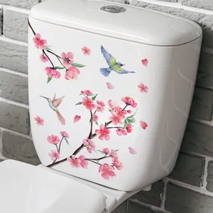 Autocollants de Toilette Fleur Oiseau Branche de Fleur de Pêcher Rose Imperméable PVC Stickers Muraux pour Couvercle WC