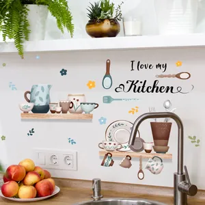 I love my Kitchen wall sticker with utensil shelf illustration on white kitchen tiles
