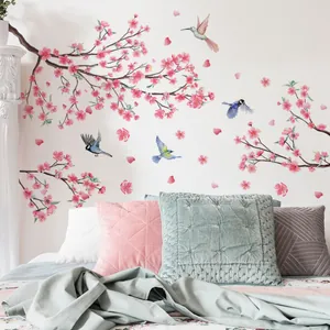 Blooming pink peach blossom wall sticker with colorful birds for home wall decor