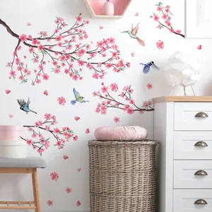 Removable Pink Peach Blossom Branch With Birds Wall Sticker PVC Botanical Floral Wall Decals For Living Room Bedroom Home Decor