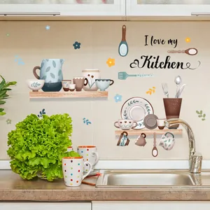 Self-adhesive kitchen wall stickers with Morandi tableware and I love my kitchen text