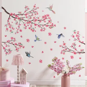Pink peach blossom and birds wall decal set for home living room and bedroom decor