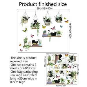 Cat and potted plants wall sticker set with butterflies for home living room decor