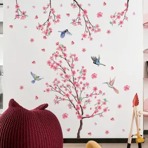 Pink peach blossom tree wall decal with flying birds for living room wall decoration