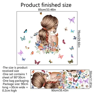 Floral girl and colorful butterfly wall stickers set for bedroom decor, 90x30cm sheet