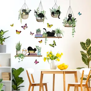 Self-adhesive wall sticker set featuring black cats, potted plants, and colorful butterflies