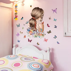 Butterfly Girl Wall Decals Flower Fairy Wall Stickers PVC Self-Adhesive Wall Art Decor For Kids Bedroom Living Room Home Decoration