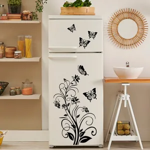Elegant black butterfly and flower vine wall stickers on a white double door refrigerator