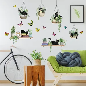 Detailed wall sticker featuring black cats, hanging potted plants, and colorful butterflies