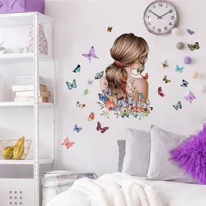Elegant wall sticker featuring a long-haired girl with colorful butterflies and flowers