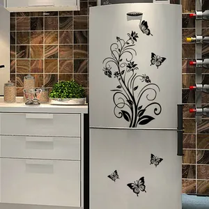 Floral vine and butterflies wall sticker in black PVC for refrigerator and home decor