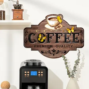 Close-up of vintage coffee theme wooden wall plaque hung above a modern coffee machine