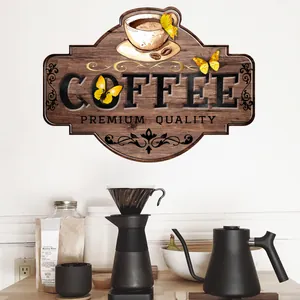 Vintage Coffee Cup Wall Sticker PVC Self Adhesive Wood Grain Effect Wall Decal For Cafe Kitchen Home Decor Art Poster