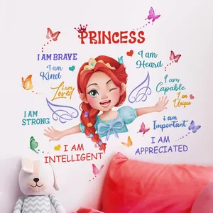Cartoon Princess Butterfly Wall Stickers Inspirational English Phrases Girls Room DIY Waterproof Decorative Wall Decals