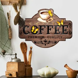 Detailed view of a vintage coffee wooden sign on a wall with rustic kitchen props