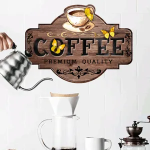 Detail of coffee theme wall decal with wood texture and premium quality text on white brick