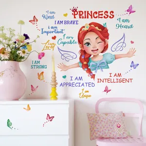 Detail of inspirational cartoon princess wall stickers with butterflies for girl's bedroom