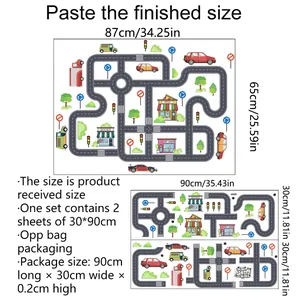 Détail des stickers muraux circuit routier pour chambre d'enfant avec voitures 87x65cm