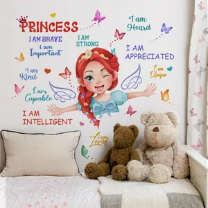 Detail view of motivational princess wall decals with butterflies for a girl's bedroom