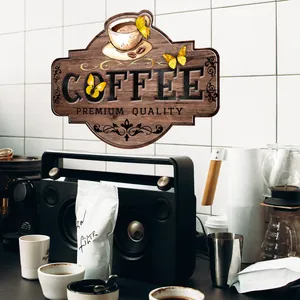 Retro shield-shaped coffee wall decal with premium wood texture and butterfly accents