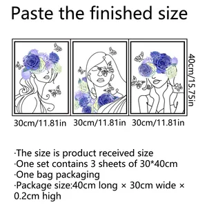 Abstract line art wall stickers set of 3 featuring women with blue and purple roses