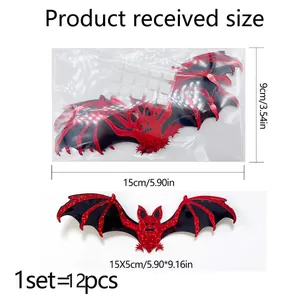 Detail of 12 red glitter 3D bat wall stickers for Halloween with foam adhesive pads