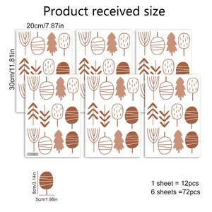 Brown Nordic style tree wall stickers set of 6 sheets 72 pieces for bedroom decor