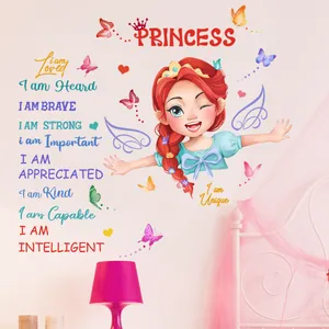 Cartoon princess wall sticker with butterflies and brave quotes for kids bedroom