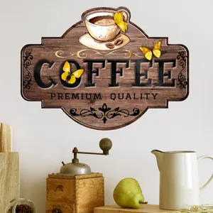 Retro wooden coffee wall sticker with cups and yellow butterflies for home decor