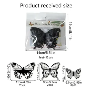 Size chart for 12pcs 3D black bat butterfly wall stickers showing dimensions in cm and inches