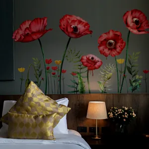 Close-up of surreal bloody eye flowers wall stickers in a modern bedroom setting