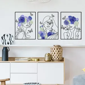 Abstract Female Line Art Wall Stickers Blue Purple Rose Butterfly PVC Minimalist Portrait Decals For Living Room Bedroom Decor