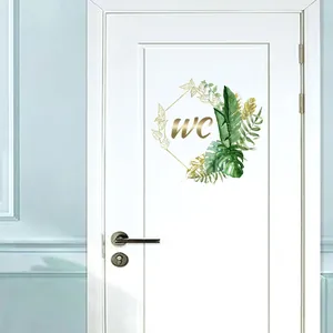 Floral WC door sticker with green leaves and gold geometric frame for home decor
