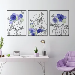 Detailed view of modern triptych wall art featuring abstract line art and floral motifs
