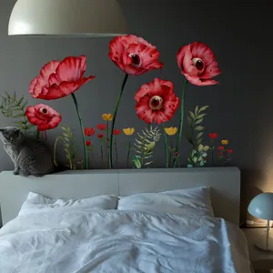 Surreal red poppy wall decals with eyeball centers for Halloween bedroom decoration
