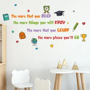 Educational wall decal with Dr. Seuss quote and cartoon school icons for kids room decor