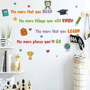 Detail of colorful educational wall decals featuring motivational quotes and school icons