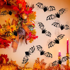 3D black bat wall stickers for Halloween decor shown with autumn pumpkins and foliage