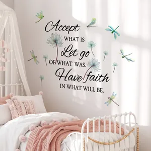 Inspirerende muurstickers met gekleurde paardenbloemen en libellen voor de slaapkamer