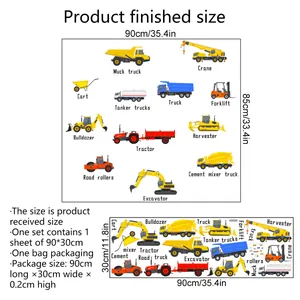 Cartoon construction vehicle wall decal set featuring excavator crane and bulldozer
