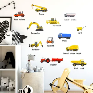 Cartoon Engineering Vehicles Wall Stickers For Kids Room Excavator Crane PVC Decorative Decals Boys Bedroom Nursery Wall Art