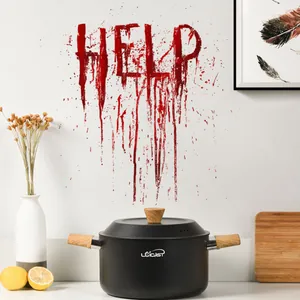 Schwarzer matter Kochtopf mit Holzgriffen und blutigem rotem HELP Halloween Wandtattoo