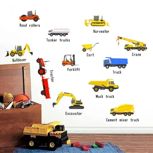 Cartoon excavator and construction vehicle wall decals set for kids bedroom decor