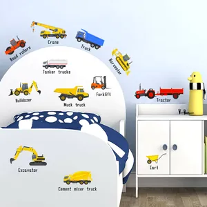 Colorful cartoon excavator and construction vehicle wall stickers for kids bedroom decor