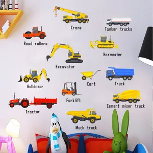 Cartoon excavator and construction vehicle wall stickers for kids bedroom decor