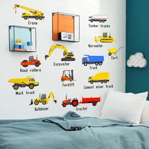 Detailed close-up of 12 cartoon construction vehicle wall decals in a kids' bedroom