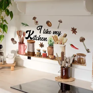 Self-adhesive kitchen wall decal featuring I like my Kitchen text and watercolor utensils