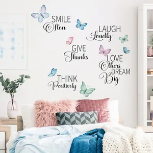 Inspirational smile quotes wall stickers with colorful butterflies for home decor